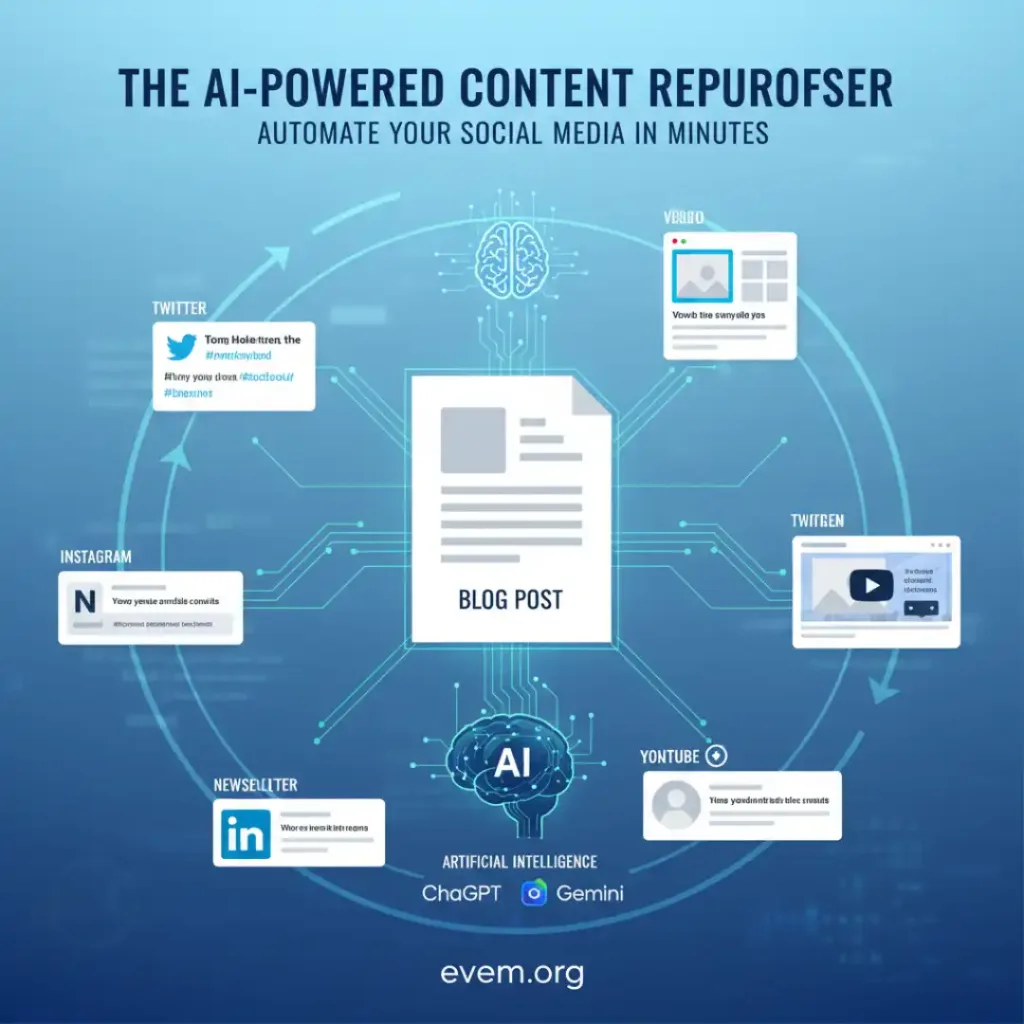 The $500/Month Blueprint: 5 Surprisingly Simple Side Hustles You Can Launch This Weekend 8 An illustration demonstrating the repurposing of a blog post into social media posts and other content formats using AI tools.
