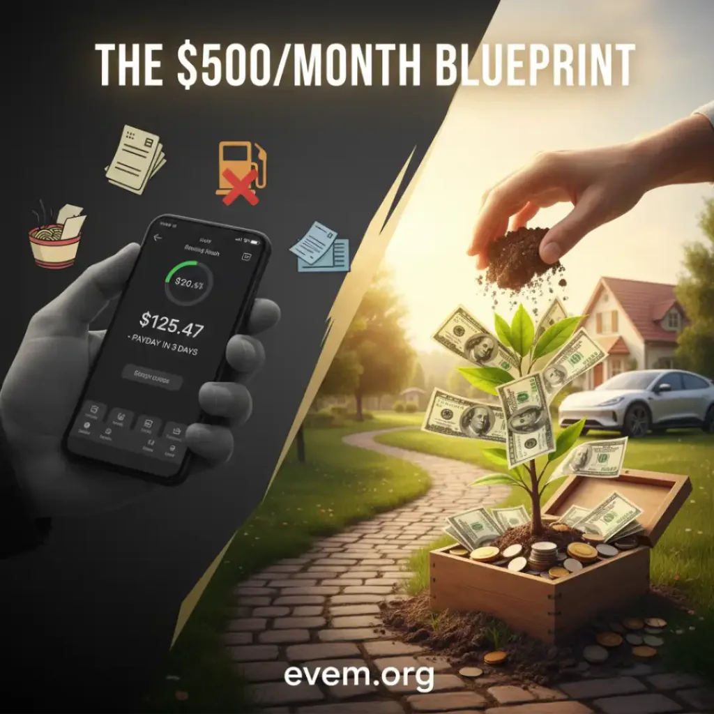 The $500/Month Blueprint: 5 Surprisingly Simple Side Hustles You Can Launch This Weekend 3 A symbolic visual of a brain with "Boring Cash Flow" written on it and a person next to it earning money more steadily compared to those chasing trends.