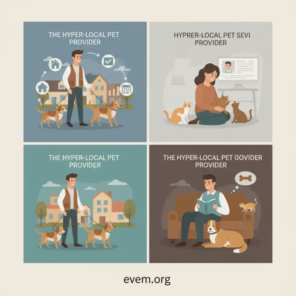 The $500/Month Blueprint: 5 Surprisingly Simple Side Hustles You Can Launch This Weekend 6 Drawings of a person in various scenarios offering hyper-local pet services like dog walking, cat sitting, and pet transport.