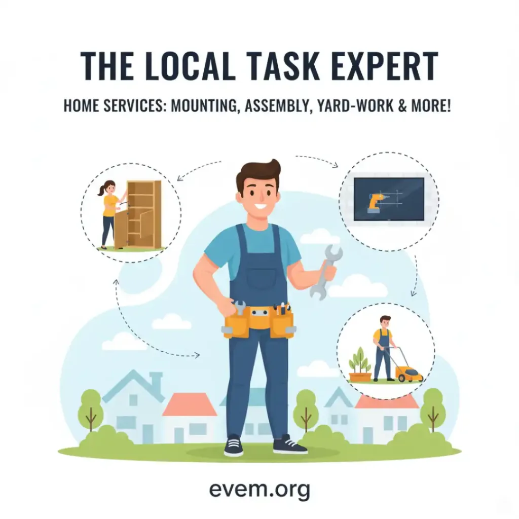 The $500/Month Blueprint: 5 Surprisingly Simple Side Hustles You Can Launch This Weekend 5 An illustration showing the services of a local task expert, symbolizing various tasks such as furniture assembly, TV wall mounting, and yard work.