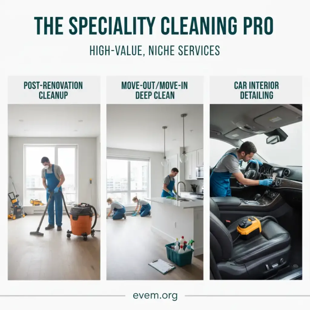 The $500/Month Blueprint: 5 Surprisingly Simple Side Hustles You Can Launch This Weekend 7 An illustration highlighting specialty cleaning services such as post-renovation cleaning, move-in/out cleaning, and car detailing.
