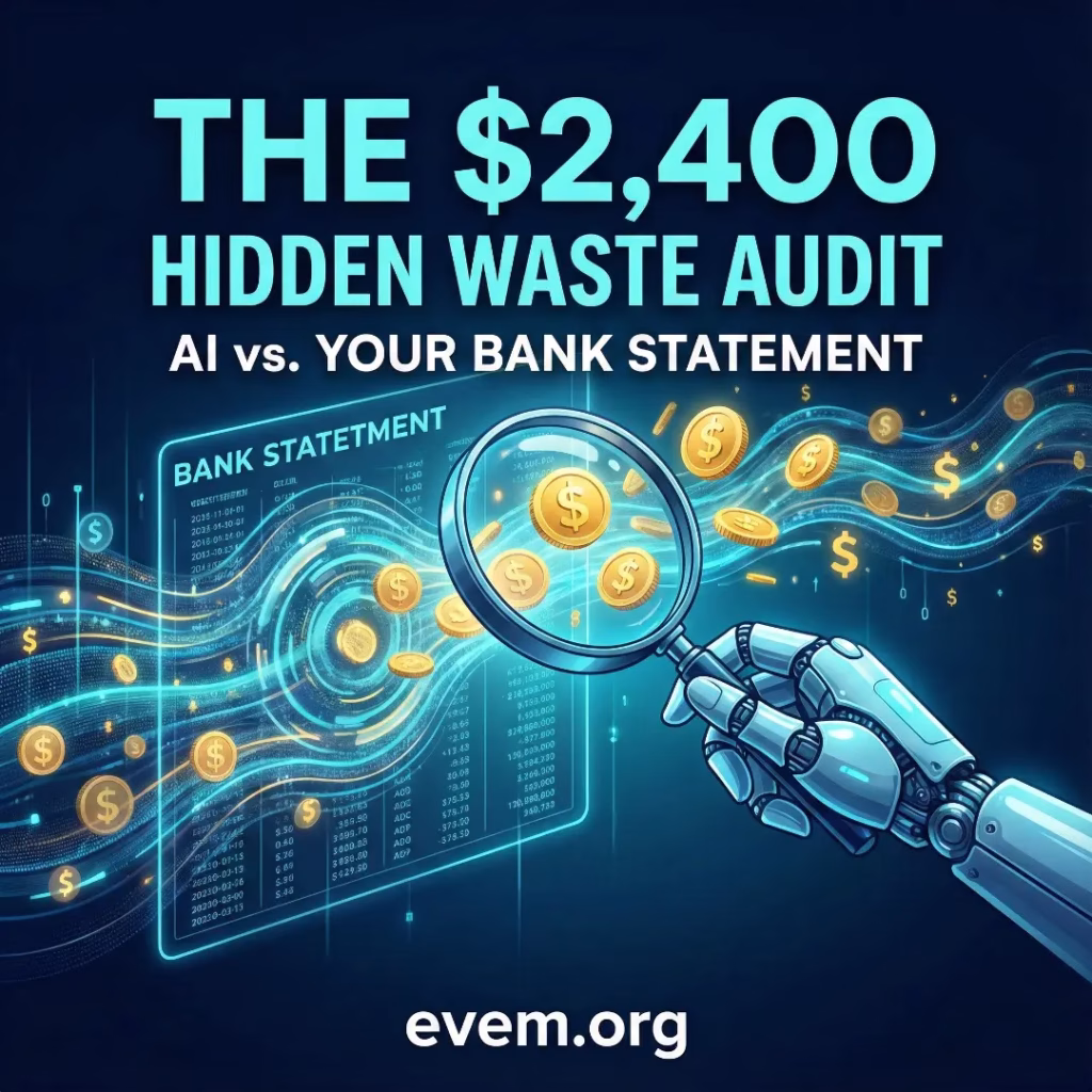 Conceptual hero image of an AI robotic arm using a magnifying glass on a digital bank statement to find hidden waste. The image features the text "$2,400 Hidden Waste Audit" for financial content optimization.