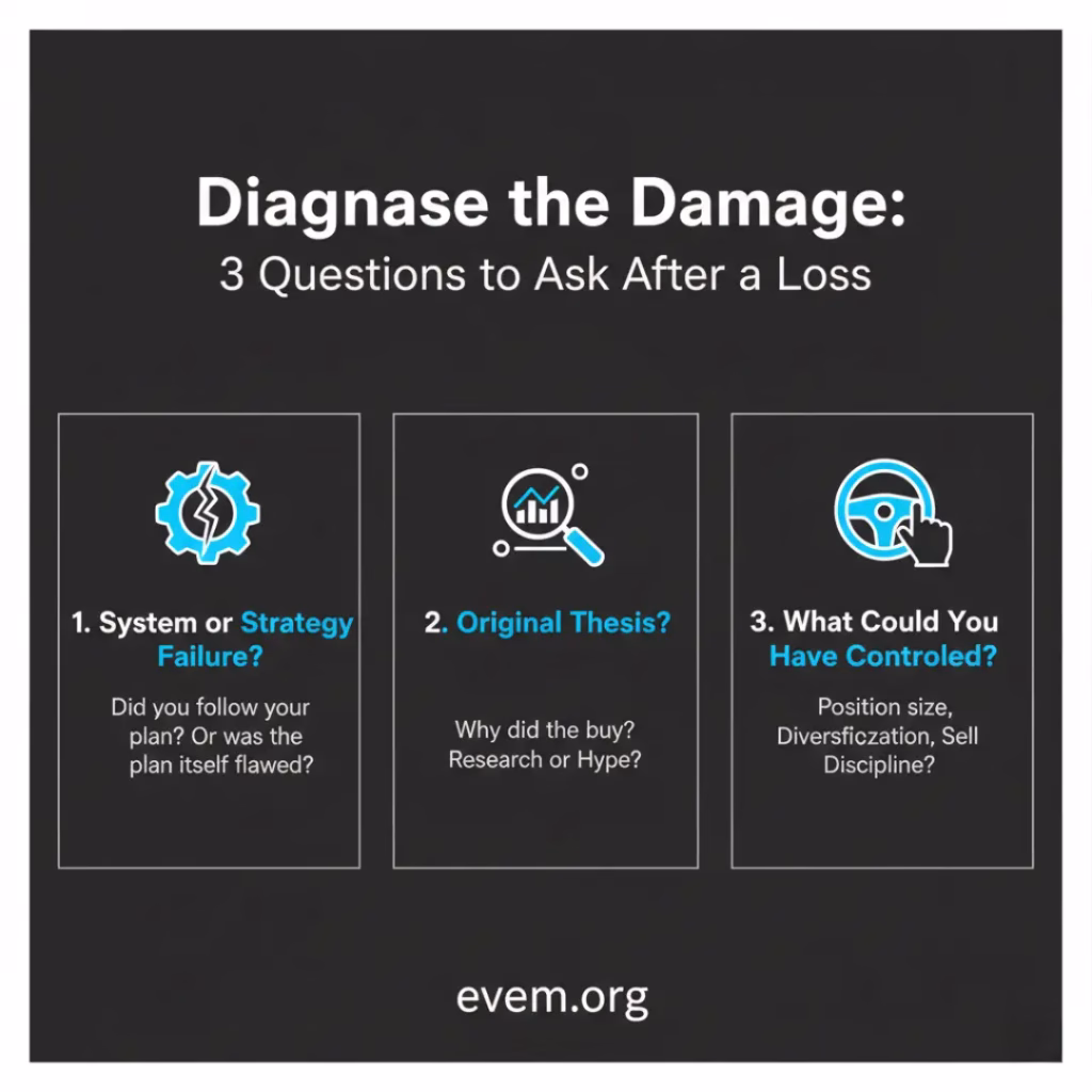 An infographic titled "Diagnose the Damage: 3 Questions to Ask After a Loss." It features three distinct sections: "System or Strategy Failure?", "Original Thesis?", and "What Could You Have Controlled?". Each section has a small icon illustrating the concept, such as a broken gear for system failure or a magnifying glass for original thesis.
