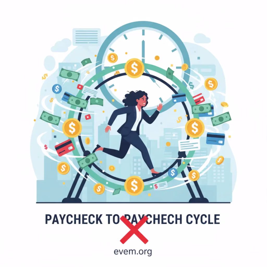 An illustration of a woman in a business suit running frantically inside a financial hamster wheel, with dollar signs and bills swirling around her. The image visually represents the struggle of paycheck-to-paycheck living.
