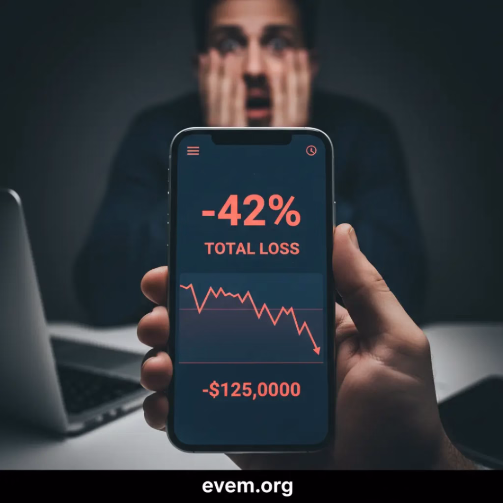 A close-up of a person's hand holding a smartphone displaying a stock market app with a significant negative percentage in red, indicating a major investment loss. The face in the background is blurred, showing a look of distress.