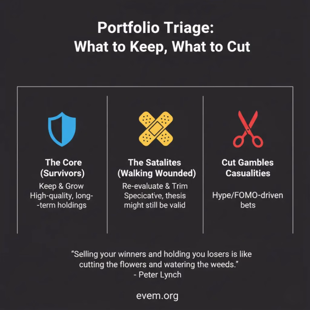 An infographic illustrating portfolio triage with three sections: "Core (Survivors) - Keep & Grow," "Satellites (Walking Wounded) - Re-evaluate & Trim," and "Gambles (Casualties) - Cut Ruthlessly." Each section has an icon, like a shield for Core, a band-aid for Satellites, and scissors for Gambles.