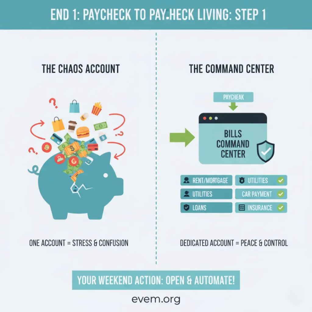 An infographic for "Step 1: The Command Center Account." Two distinct bank accounts are shown: one chaotic and overflowing with random expenses, and a second, neat account labeled "Bills Command Center" with clearly defined categories for fixed expenses like rent, utilities, and loans.
