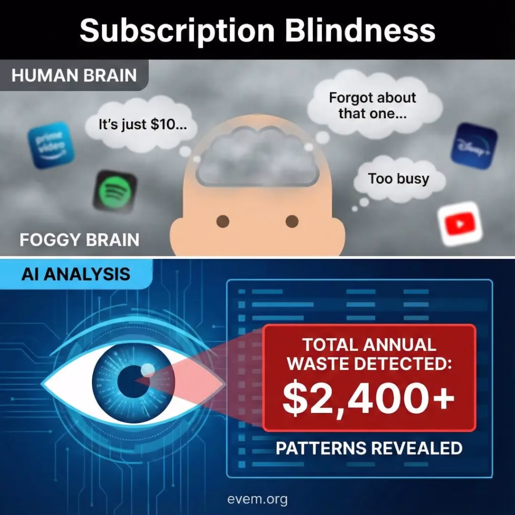 Infographic comparing human "Subscription Blindness" to AI's pattern recognition capability in financial data. It highlights the contrast between ignoring small fees and detecting $2,400+ in annual waste.