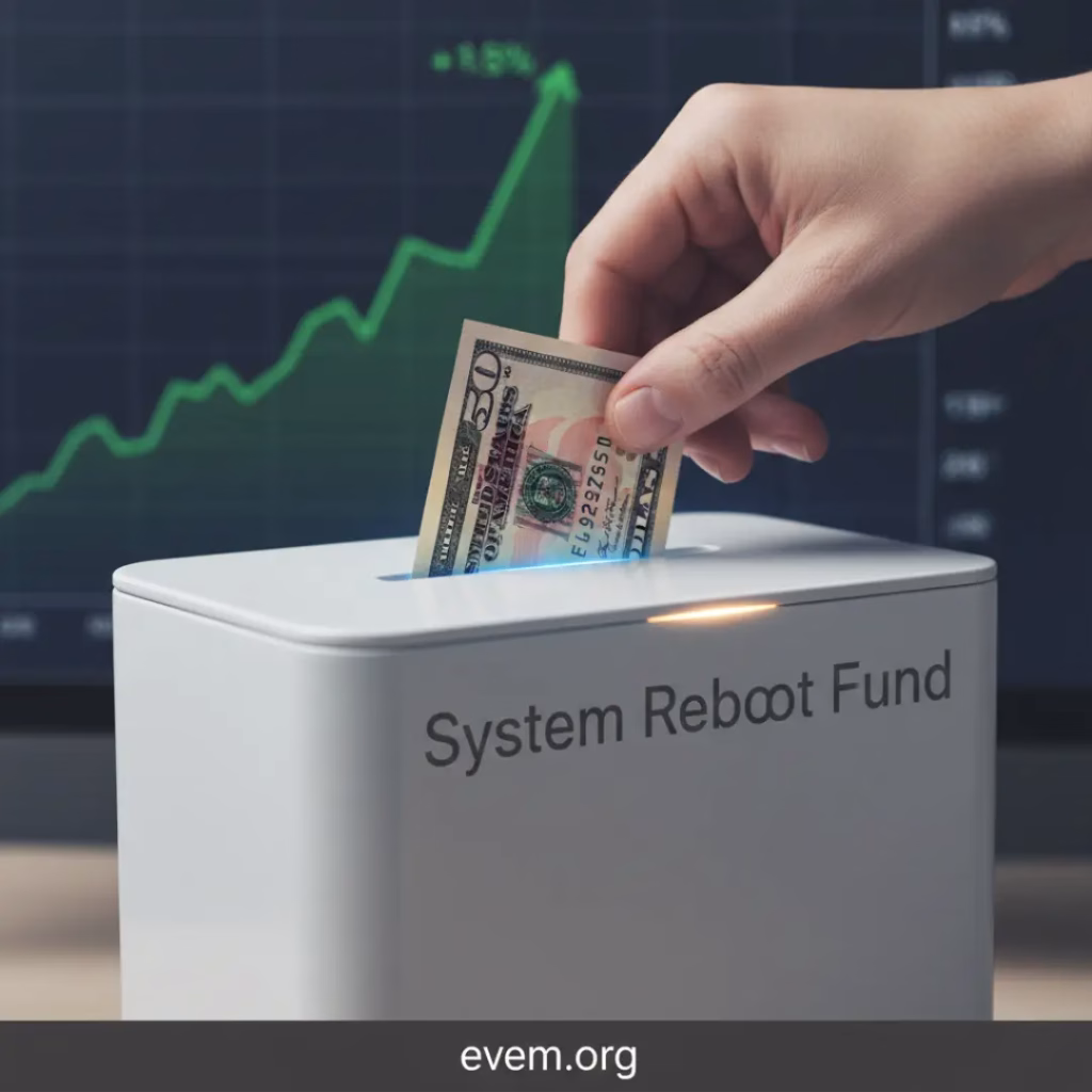 A close-up of a hand placing a small amount of money (e.g., a $50 bill) into a slot labeled "System Reboot Fund" on a minimalist, stylized investment box. The background shows a digital screen with a subtle upward trend.