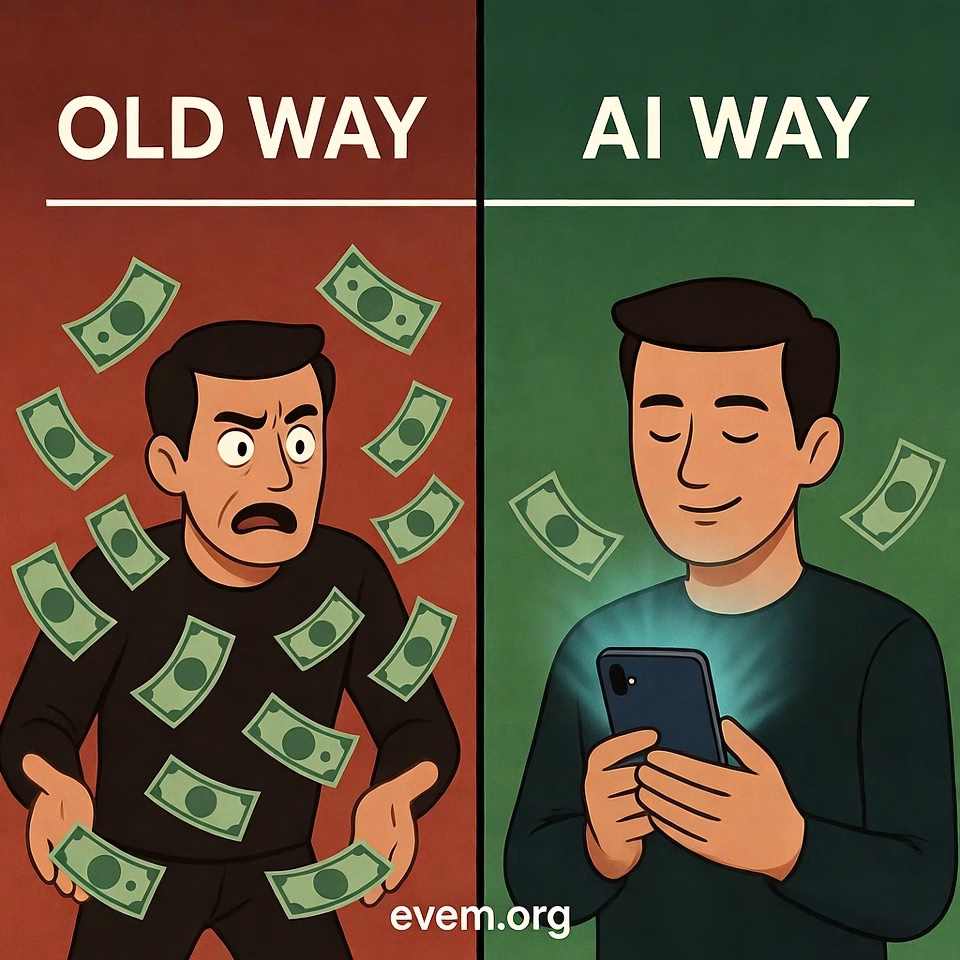 Split-screen infographic comparing the stress of manual bill negotiation versus the ease of using AI tools like ChatGPT to save money. evem.org.