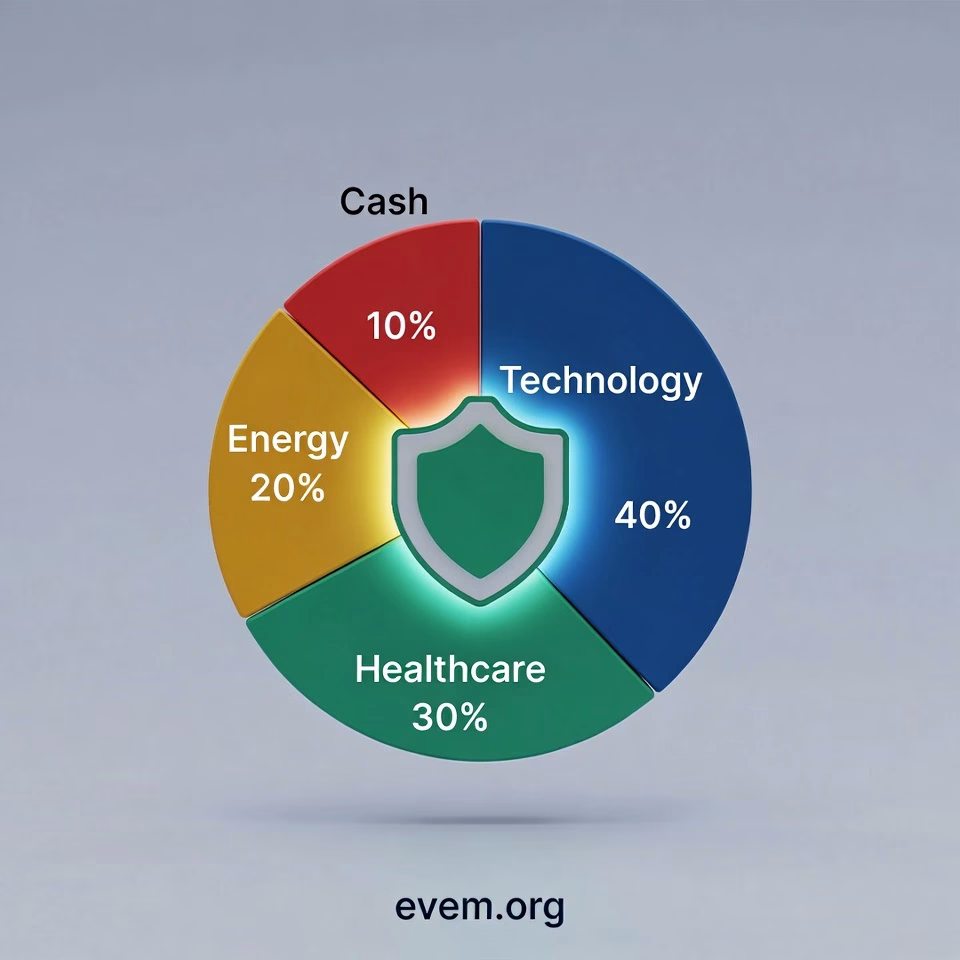 A balanced and diversified investment portfolio pie chart protected by a safety shield.